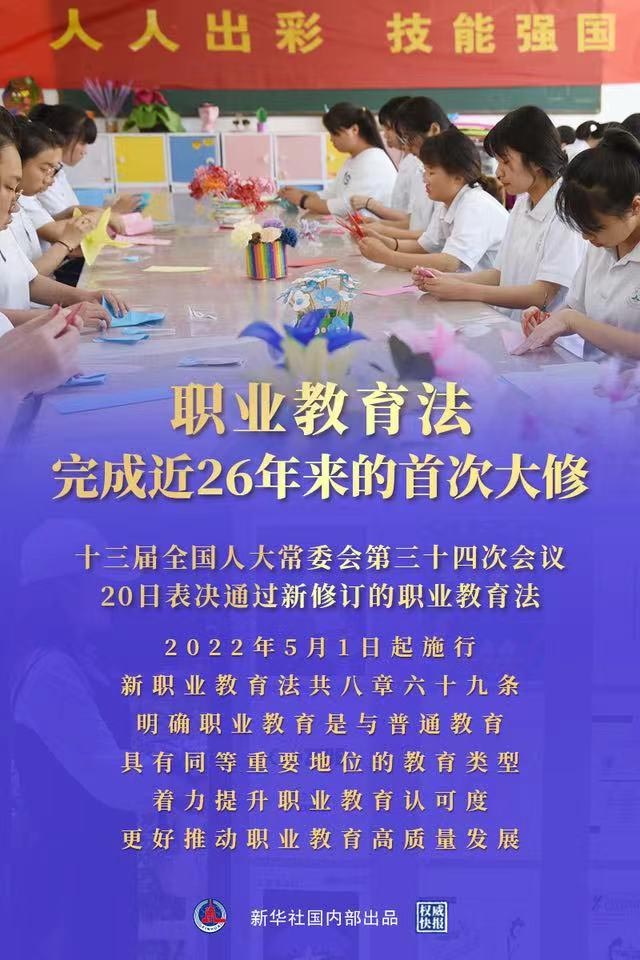 新职业教育法5月1日起施行，明确职业教育与普通教育有同等重要地位
